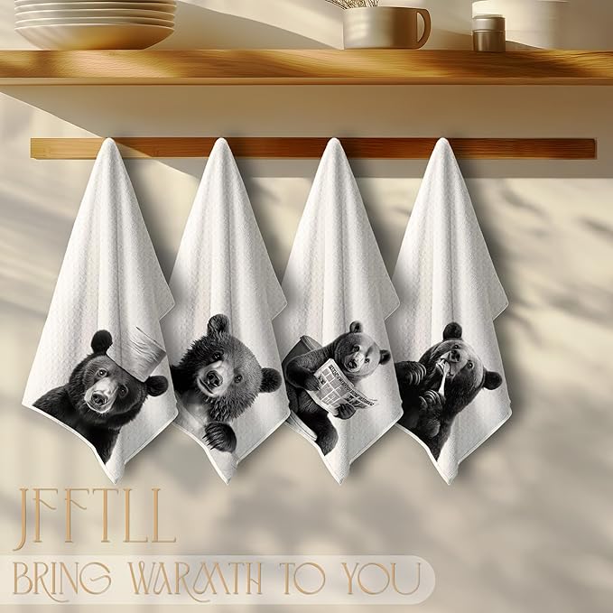 Bear Bathroom Decor Hand Towels, Bear Gifts for Women Men, Animal Lover Gifts, Black and White Wild Animal Hand Towels for Bathroom Washroom Restroom Decor, 16x24 Inch, Set of 4