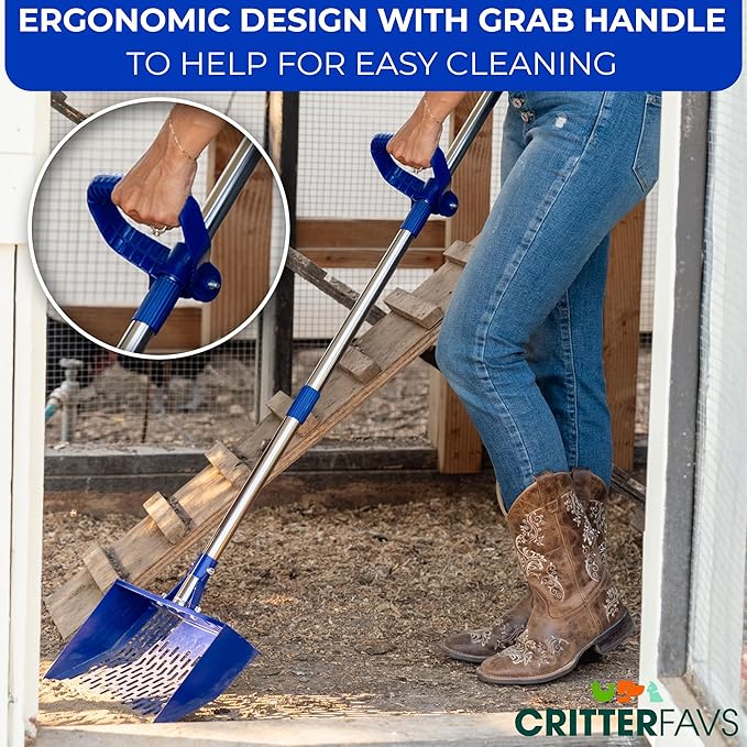 Chicken Poop Scooper with Adjustable Handle – 2-in-1 Chicken Coop Rake & Sand Sifting Shovel – Heavy Duty Metal Litter Scooper for Chicken Coop Cleaning, Sand, Hemp, Coffee Bedding