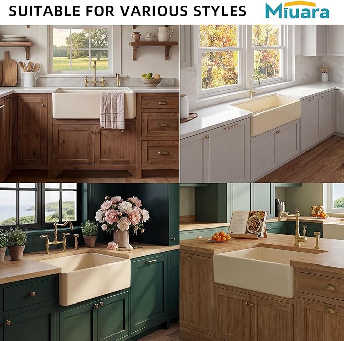Bone Farmhouse Sink 33 Inch - Apron Front Kitchen Sink Reversible 33x18x10, Undermount Installation, Farm House Style Single Bowl, Heavy Duty Solid Fireclay, Bone Color, for Kitchen