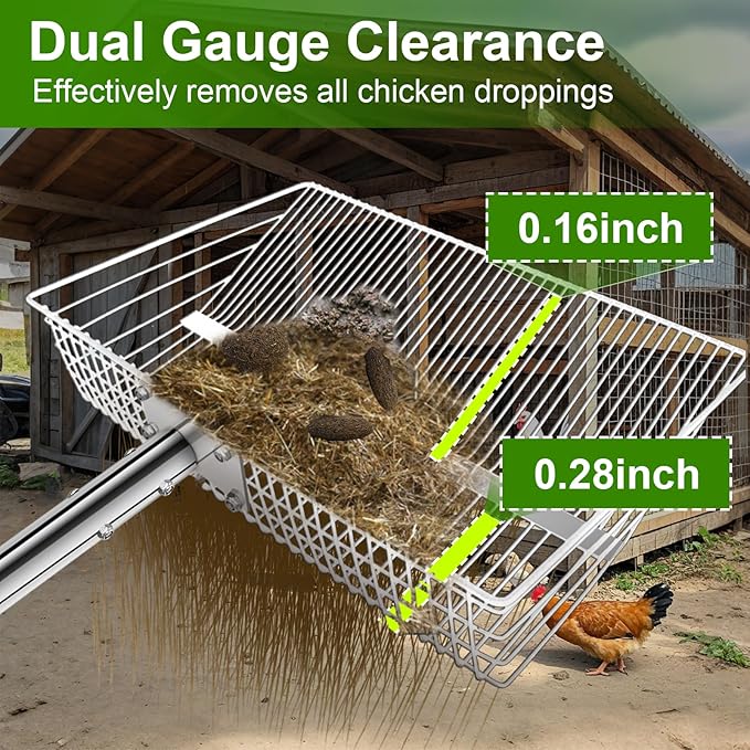 12inch Large Chicken Poop Scooper, 2 Widths of Slots Chicken Coop Litter Scoop with Stainless Steel Handle - 23" to 66", 4 in 1 Litter Sifting Shovel，Heavy Duty Chicken Coop Accessories