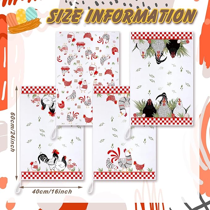 Geyoga 4 Pcs Chicken Kitchen Towels Rooster Dish Hand Towels Farm Animal Cow Vintage Rustic Tea Cloth for Spring Easter Bathroom Farmhouse Decor Gifts, 16 x 24 Inch(Red, Black, White,Farmhouse)