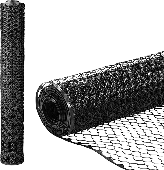 Plastic Hex Chicken Wire Mesh Garden Fence Roll (2' x 50' - Black) - Versatile Poultry Netting and Garden Fence for Temporary or Semi-Permanent Enclosures, Deer Fencing, and Construction Barriers