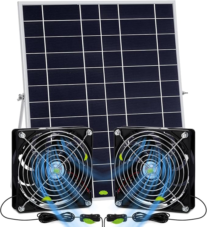 20w Solar Powered Fan Kit for Chicken Coop IP67 Waterproof Dual Solar Greenhouse Fan 3500 RPM High Speed Exhaust Fan with 10ft Cable for Shed Pet House Window Outside Inside(1 Set)