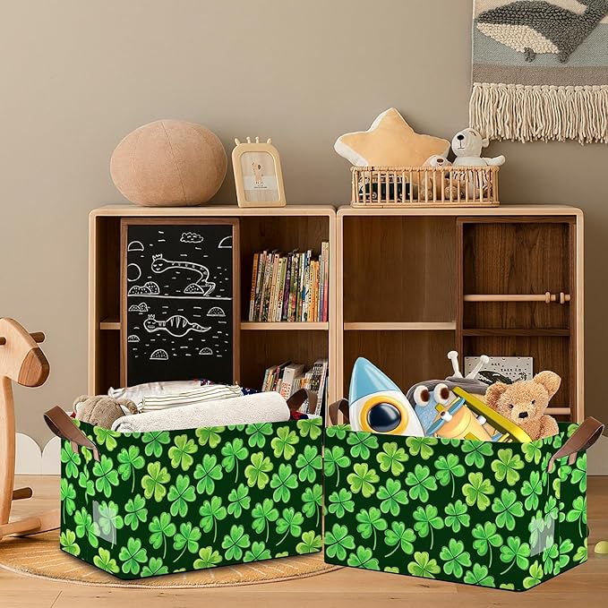 Lucky Clover Storage Basket with Handles,Patrick's day Collapsible Rectangle Organizer Bin for Room Decoration Books Box Baskets 17x11.5x10Inch