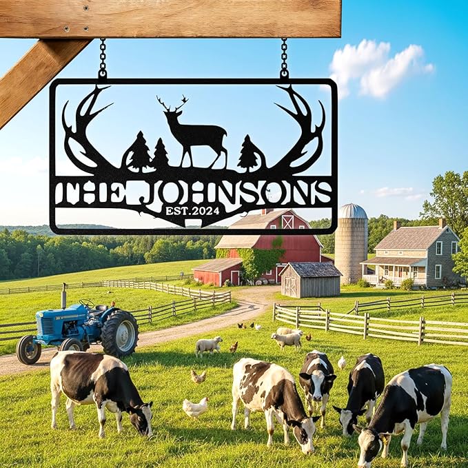 Personalized Deer Metal Sign, Custom Farm Sign, Custom Farm Metal Signs Outdoor, Customized Family Name Signs for Farms, Ranch, Farmhouse, Housewarming Rancher Gifts