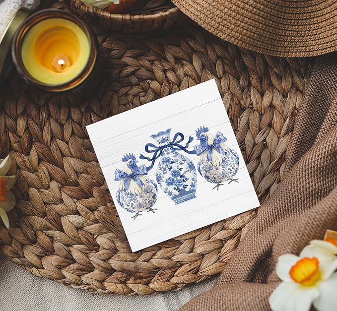 Blue And White Chinoiserie Chicken Wooden Signs,Grand Millenial Bow Blue Floral Chicken Home Decor Signs,Porcelain Chinoiserie Desk Decorations,Farmhouse Animal Office Kitchen Decor