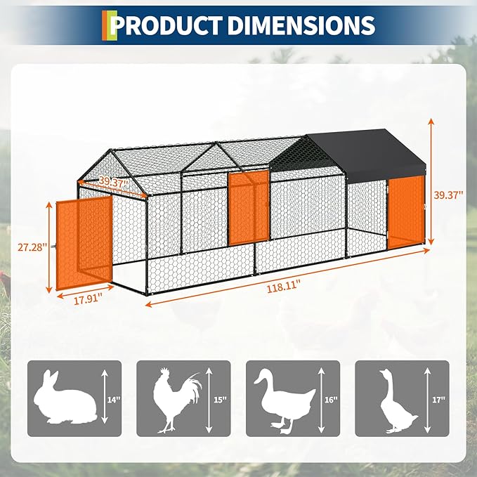 Large Metal Chicken Coop with Run for 20-30 Chickens - Outdoor Walk-in Poultry Cage with Anti-UV Waterproof Cover, Security Lock & Tri-Supporting Wire Mesh - Heavy Duty Hen House (120x40x40 Inch)