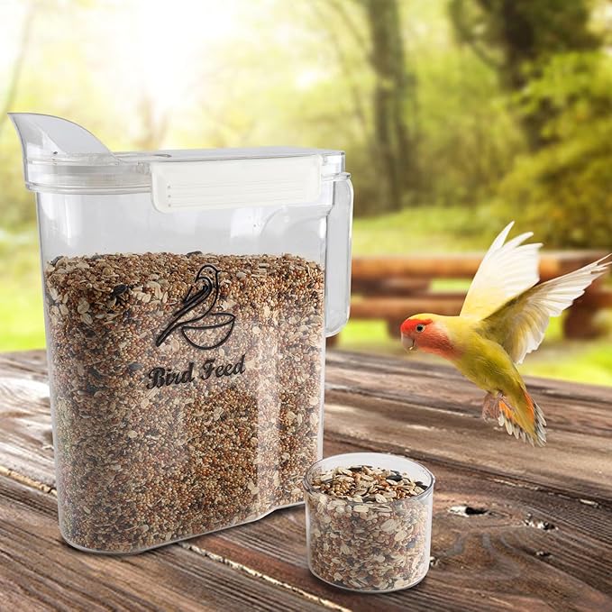 Bird Seed Storage Container,5L Large Capacity Pet Food Storage Containers with Handle,Airtight Wild Bird Seed Dispenser-for PetBirds Parakeets Finches Food Mealworms Storage/BPA Free-Clear