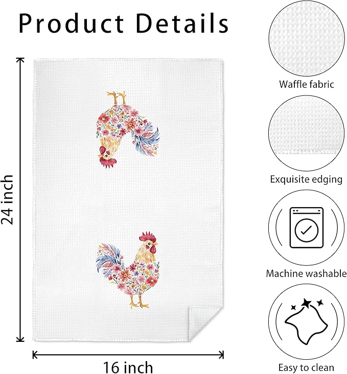Rustic Floral Rooster Kitchen Towels, Gifts for Chicken Lovers Dish Tea Towels, Farmhouse Flower Chicken Decorative Hand Towel for Bathroom Kitchen, 16x24 Inch