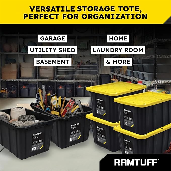 Ramtuff 4 Pack Heavy Duty Stackable Storage Container with Snap-Tight Lid, Resistant To Weather Organization Tote, 27 Gallon, Black and Yellow