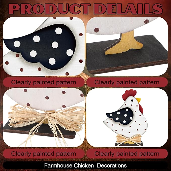 3 Pcs Rooster Decor Chicken Table Sign Easter Wooden Chickens Centerpieces with Raffia Farmhouse Rooster Birthday Party Decor Hen for Home Table Desk Door Shelf Chicken Party Easter Gift