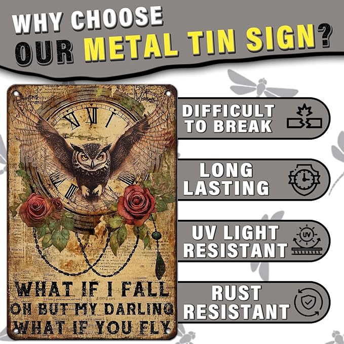 PEACHGARDEN Metal Sign Owl Wall Decor What If I Fall Oh But My Darling What If Vintage Poster Tin Sign for Home Bedroom Office Cafe Bar Man Cave 8x12inch