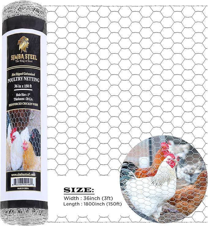 Chicken Wire 36 in x 150 FT x 1” Mesh x 20GA | Poultry Wire Netting | Hot Dipped Galvanized | Chicken Coop, Rabbit Cage, Fence Barrier (36 x 150 x 1)