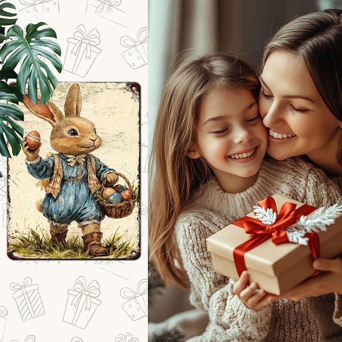 YoyaVex Bunny Metal Sign Vintage Easter Design With Decorative Eggs Rustic Wall Decor For Indoor Outdoor Use In Home Garden 12X16Inch