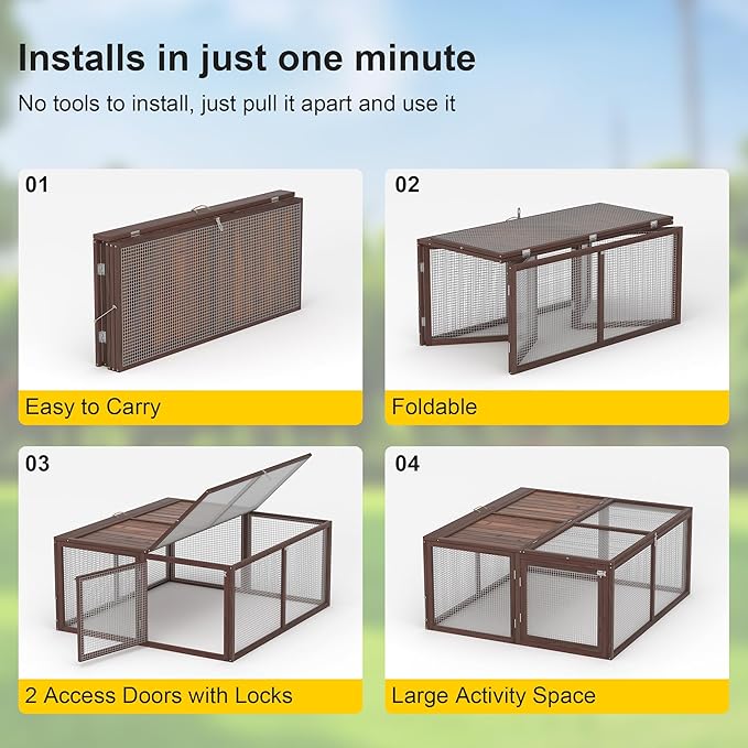 Portable Chicken Run Rabbit Hutch Folding Chicken Cage for Indoor/Outdoor,Top & Side Opening Doors Small Animal Pet Playpen No Assembly Required Poultry Pen 45"x 42"x 20" (Brown)