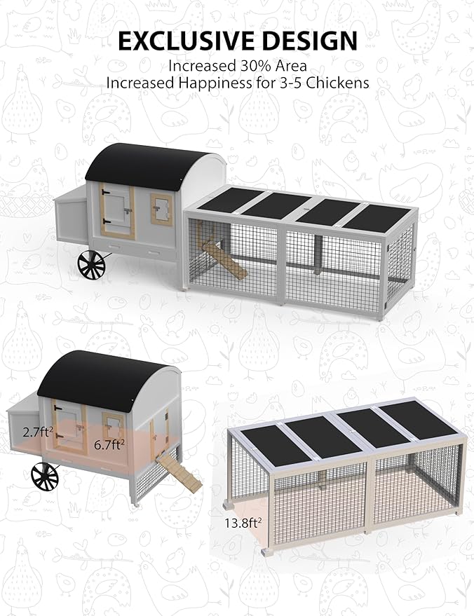 Wooden Poultry Cage for 3-5 Chickens, 106in Chicken Coop with Run, Outdoor Hen Coop with Waterproof Roof, Nesting Box, Pull Out Trays and Ramp, White