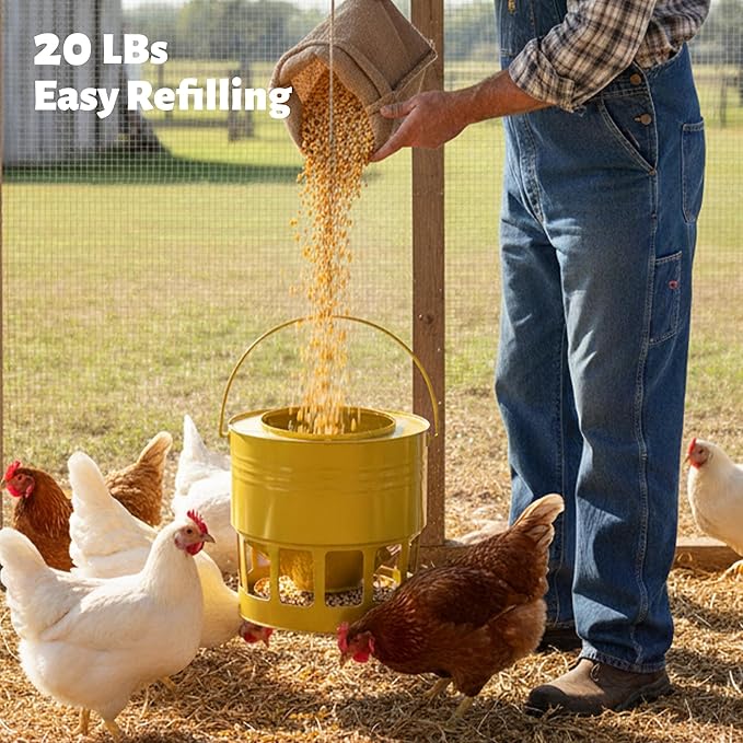KOL Hanging Chicken Feeder – 20lbs Metal Chicken Feeder No Waste, Adjustable Poultry Feeder with 12 Ports, No Installation & Universal Height Design (Yellow)