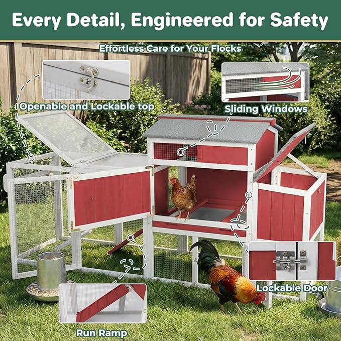 Chicken Coop with Wheels, Weatherproof Mobile Hen House Chicken Tractor with Run, Nesting Box, Roosting Bars, Pull-Out Tray, Asphalt Roof & Fun Swing for Chickens Quails, Backyard Use