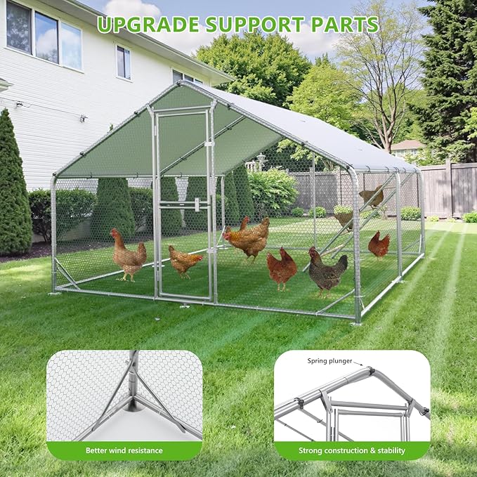 Large Chicken Coop,Metal Chicken Run for Yard with Feeding Door,Walk-in Chicken Pen for 10-20 Chickens,Outdoor Poultry Cage with Anti-UV Cover