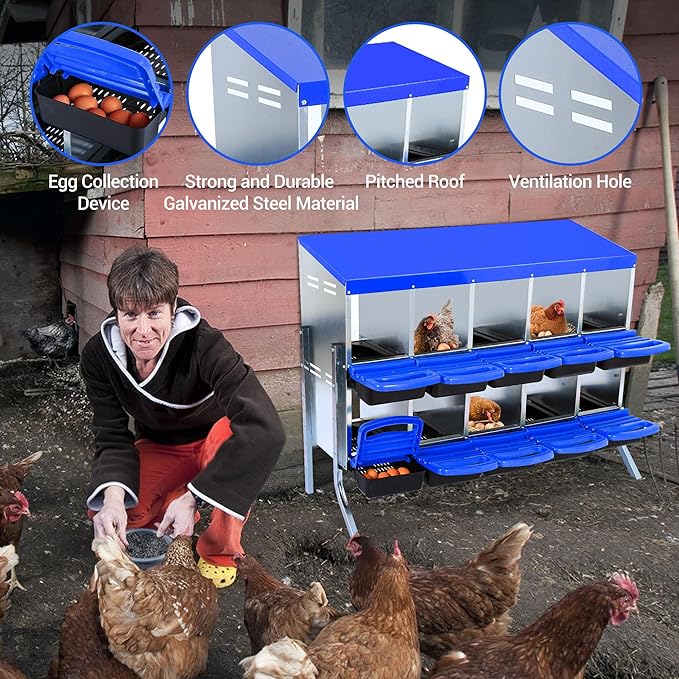 Chicken Nesting Box 10-Hole Roll Away Egg Laying Box with Lid & Stand, Galvanized Steel Rustproof Poultry Coop Box, Easy Clean, Wall Mountable No Bracket Needed for Hens, Blue