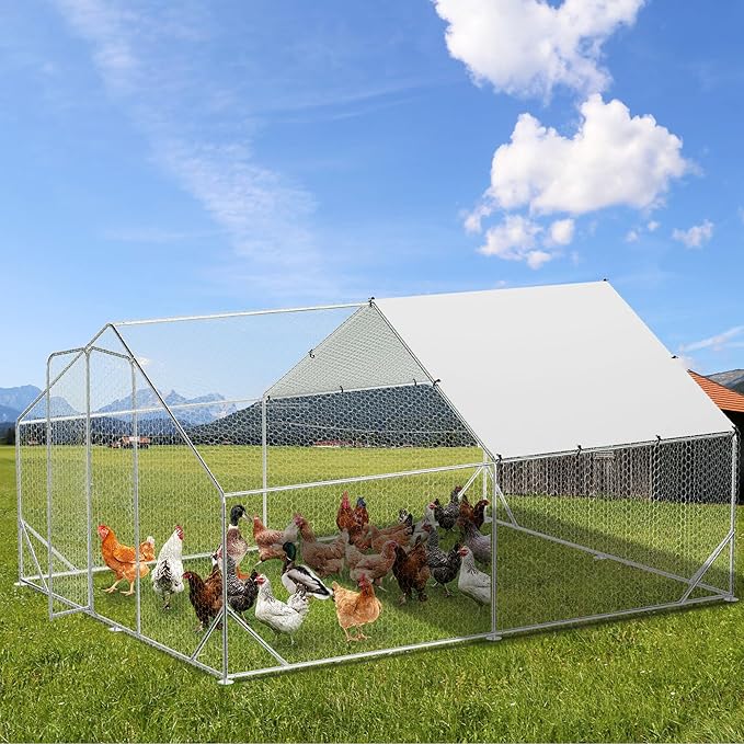 Large Metal Chicken Coop, 13.1'L x 9.8'W x 6.6'H Walk-in Poultry Cage, Chicken Run Pen House with Waterproof & Anti-Ultraviolet Cover Chicken Coop Run for Outdoor Backyard Farm