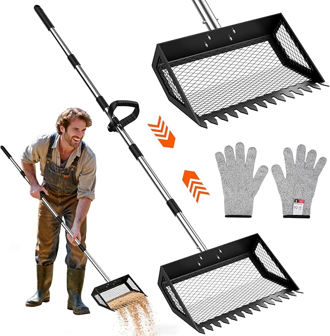 Chicken Poop Scooper, 35–75'' Adjustable Chicken Coop Scoop with Ergonomic Handle, 2-in-1 Scoop Shovel & Poop Rake for Easy Waste Cleaning, Multi-Purpose for Henhouse, Sandpit, Cattle Shed