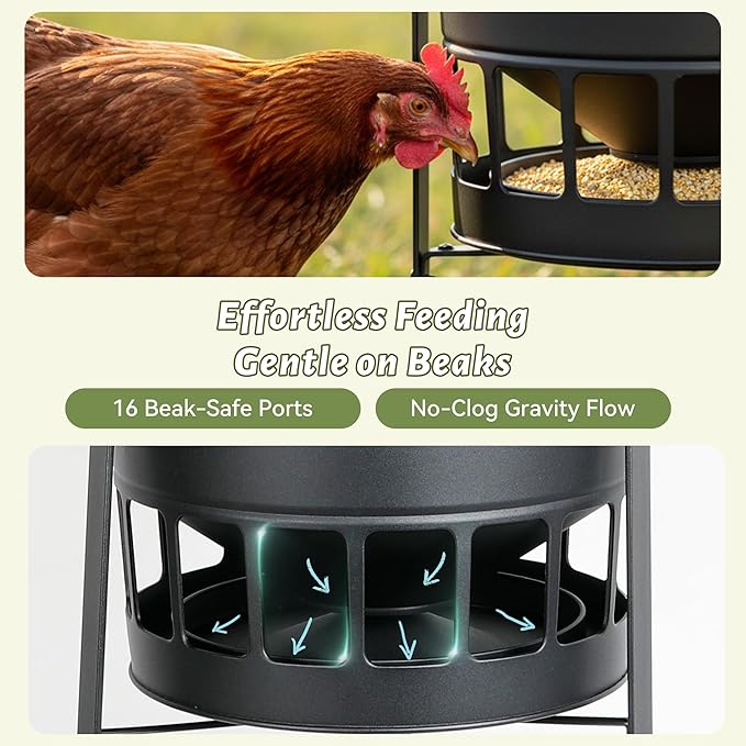 KOL Chicken Feeder No Waste for Coop & Outdoors, 16 Port 50lbs Poultry Feeder with Spill-Control Design, Rust-Proof Powder Coated Metal & Smooth Safe Edges (Black)