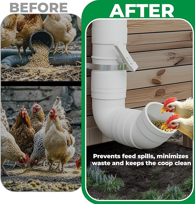 Forestchill Automatic Chicken Feeder with Adjustable Valves, Heavy Duty Plastic Pipe Chicken Coop Feeder of 7 Pounds Capacity, No Waste Hanging Chicken Feeders with 2 Lids