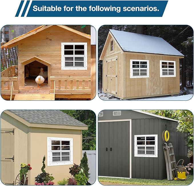 Yuzzy Shed Windows 2 Pack, Chicken Coop Windows 24" x 24" with Tempered Glass and Fiberglass Screen, Flush Mounted Small Window for Shed, Barns, Playhouse, Household, Garage (White)