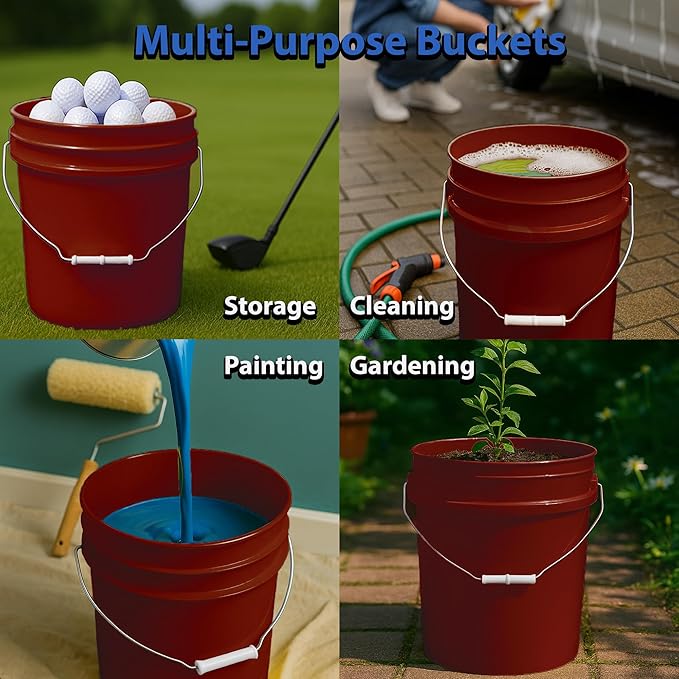 5-Gallon Bucket with Airtight Lid – Made in USA, Food Grade BPA Free Plastic, Heavy Duty Multi-Use, Metal Handle with Grip, Stackable Storage – Burgundy, 3 Pack
