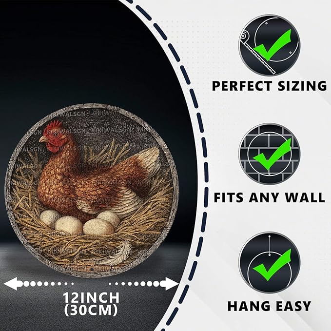 Vintage Chicken Hen Rooster Round Metal Sign Retro Chicken Lovers Tin Sign Nostalgic Rustic Wall Decor Kitchen Yard Fence Door Outside Farmhouse Coop Poultry House 12 * 12 In