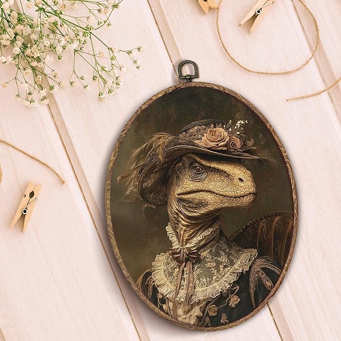 Hxlac Vintage Whimsical Dinosaur Oval Wall Art Framed, Renaissance Style Dinosaur Oval Wall Decor, Moody Dino Canvas Prints Wall Sculptures for Home Bedroom Living Room Gallery Decor, 8.5x11.5 Inch