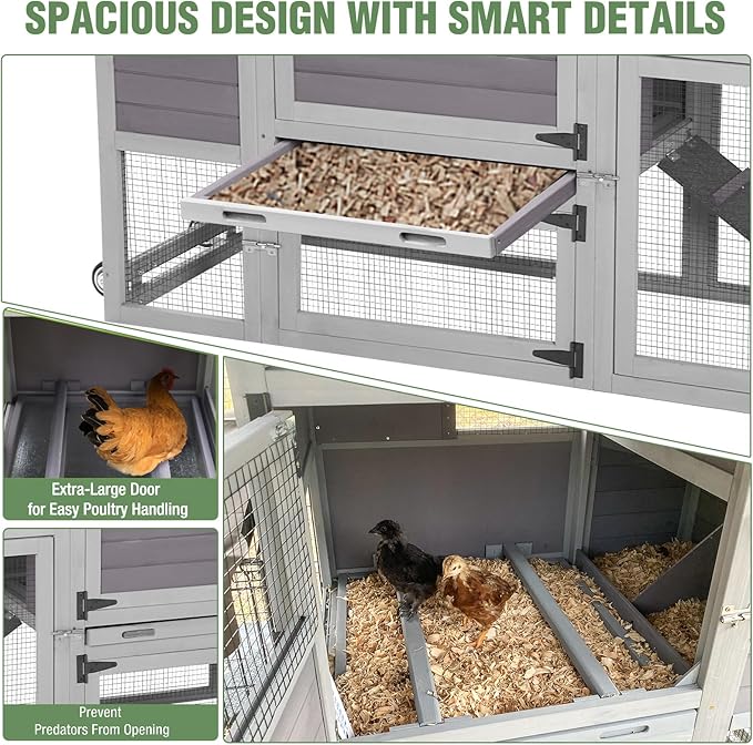 Large Mobile Chicken Coop with Run, 79" Outdoor Wooden Poultry Cage on Wheels, All-Steel Frame Hen House, Waterproof Roof, Nesting Box, for 4-6 Chickens
