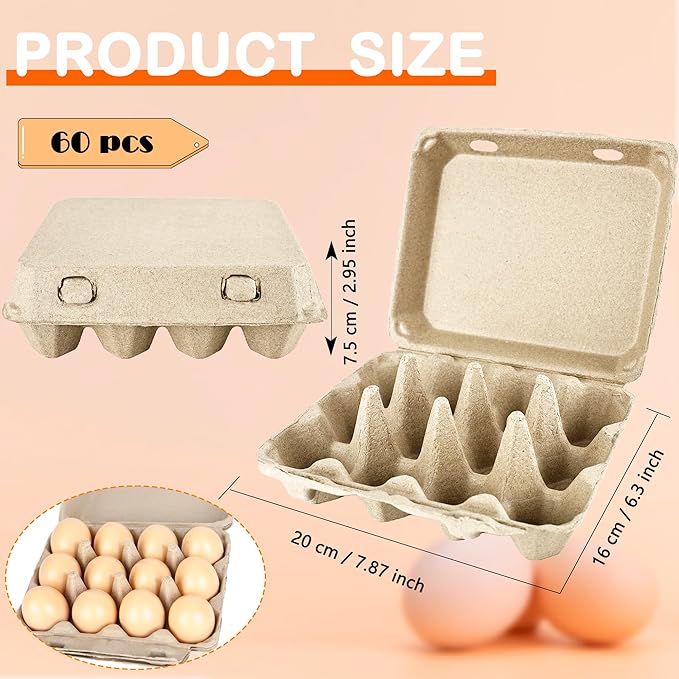 60 Pcs Blank Natural Pulp Egg Cartons Bulk Holds Up to 12 Count Dozen 3 x 4 Style Square Chicken Cardboard Egg Tray Holder for Family Farm Market Chicken Farm Storing