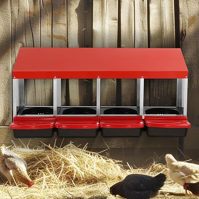 VEVOR Chicken Nest Box, 4-Compartment, 15 to 30 in Stable & Corrosion-Resistant Metal Nesting Boxes with Inclined Nesting Boxes, Bottom Holes & Resting Platform, Fit for Different Chicken Breeds