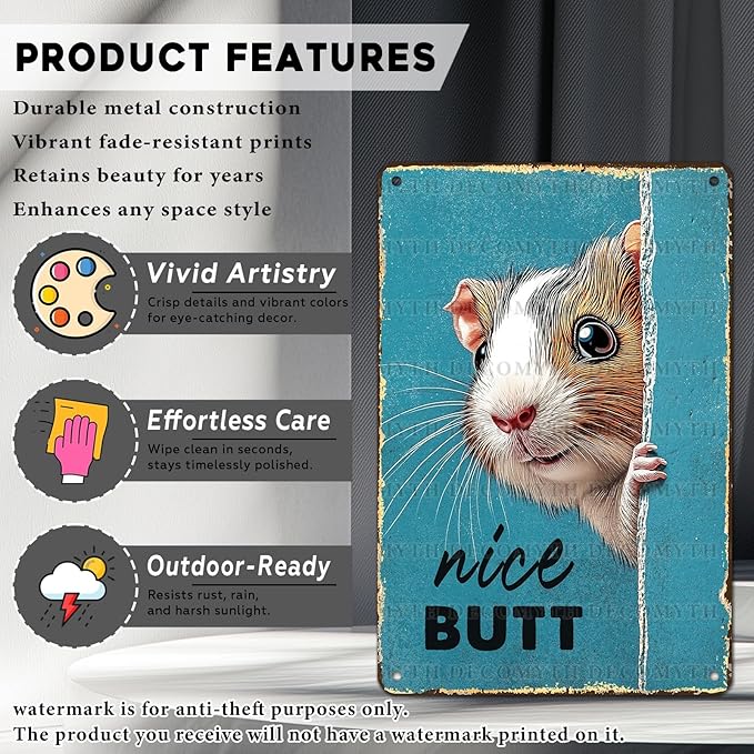 Vintage Guinea Pig Tin Sign Nice Butt Retro Wall Decor Decorations for Home Funny Pet Lovers Poster Indoor Store Cafe Toilet Bathroom Restroom Bar Pubs Man cave 12 * 8inch