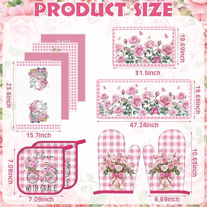10 Pcs Pink Rose Kitchen Decor Set Towels and Rugs Oven Mitts and Pot Holders Farmhouse Spring Kitchen Decor Set for Women Mom Gift Cooking Baking Grilling