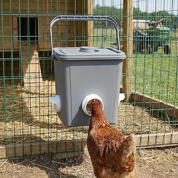 Chicken Feeder and Waterer Set (2.6 Gallon / 10L) – Square Automatic Poultry Dispenser Kit – Gravity Feed Ports & Drinking Cups – Durable Coop Accessories for Hens & Ducks (Grey)