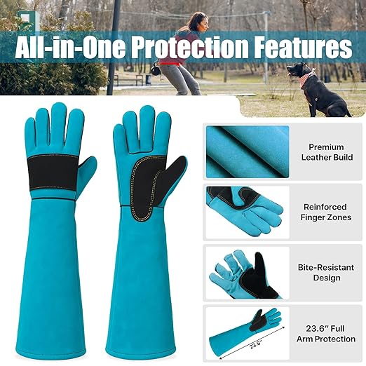 23.6" Leather Welding Gloves, 932℉ Heat-Resistant Long Gauntlet for MIG/TIG/Stick, Bite-Resistant Animal Handling, BBQ/Fireplace/Gardening, Reinforced Palm, Blue