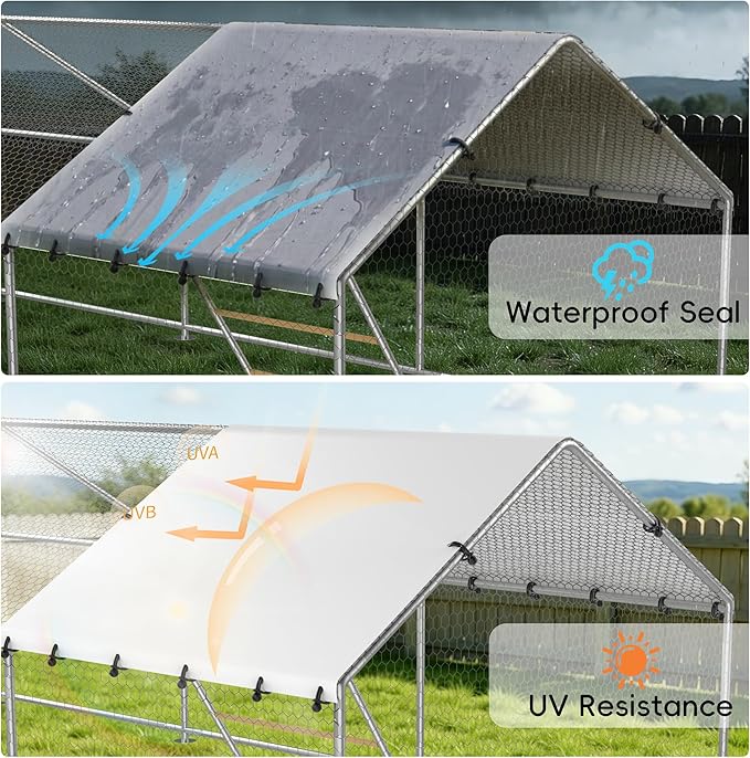 Large Metal Chicken Coop with Waterproof and UV-Resistant Cover,Chicken Run Outdoor Walk-in Cage Rabbit Duck Hen House for Yard Farm Use Spire Roof(10' L x 14.8' W x 6.4' H)