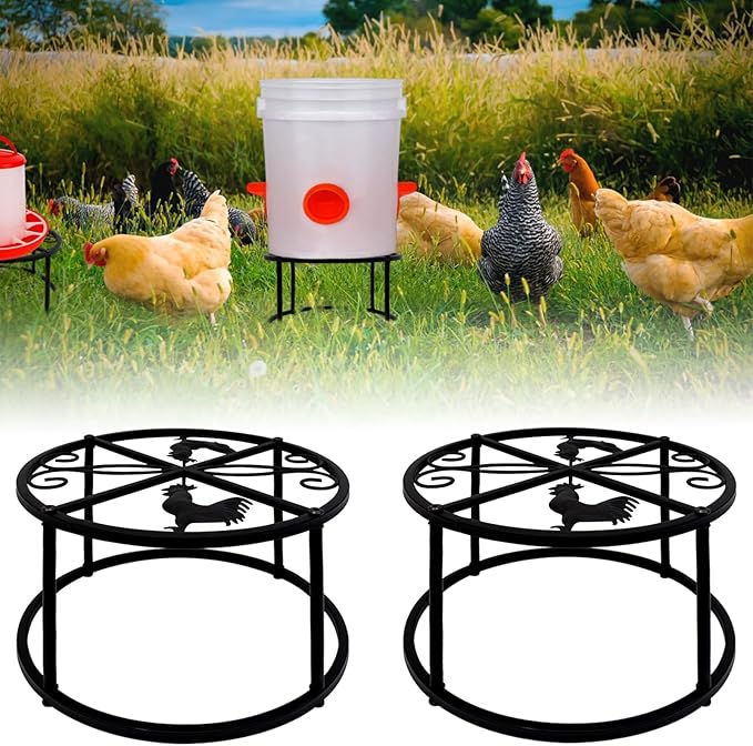 2Pcs Metal Stand for Chicken Feeder Waterer Heavy Duty Chicken Water Feeder Stand Holder with 4 Legs Rustproof Iron Chicken Waterer Buckets Stand Round Support Rack for Coop Poultry Indoor Outdoor