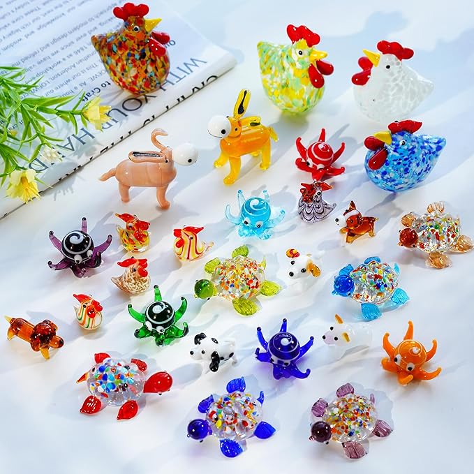 H&D HYALINE & DORA Set of 5 Blown Glass Rooster Figurines - Mini Collectible Art Glass Ornament Gift for Home Desktop Decor