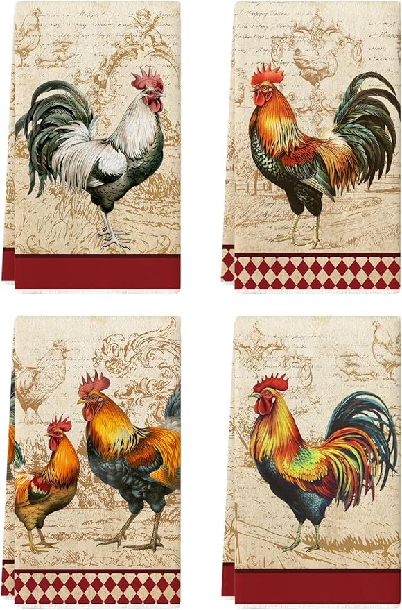4 Pcs Kitchen Towels Decorative Set Chicken Rooster Dish Towels, Vintage Rustic Tea Cloth Decor, 27.5x20 Inch Farmhouse Absorbent Decoration Hand Towels (Rooster)