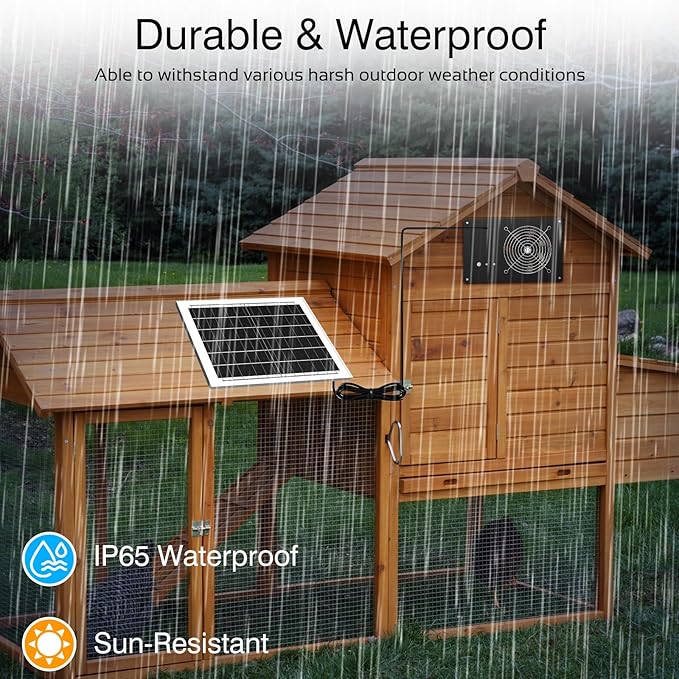 Solar Powered Fan with Timer & 15000mAh Battery, 25W Efficient Solar Exhaust Intake Fan, 3500 RPM High-Speed Waterproof Ventilation Fans for Chicken Coops, Greenhouses, Pet Houses, Sheds & Windows