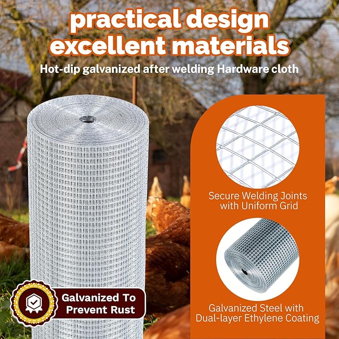 1/4'' 24'' X 50' Hardware Cloth, 23 Gauge Chicken Wire Fencing Double Layer Hot Dip Galvanizing, Wire Mesh Fence for Fence, Chicken Coop, Rabbit/Snake Fence, Poultry Fence