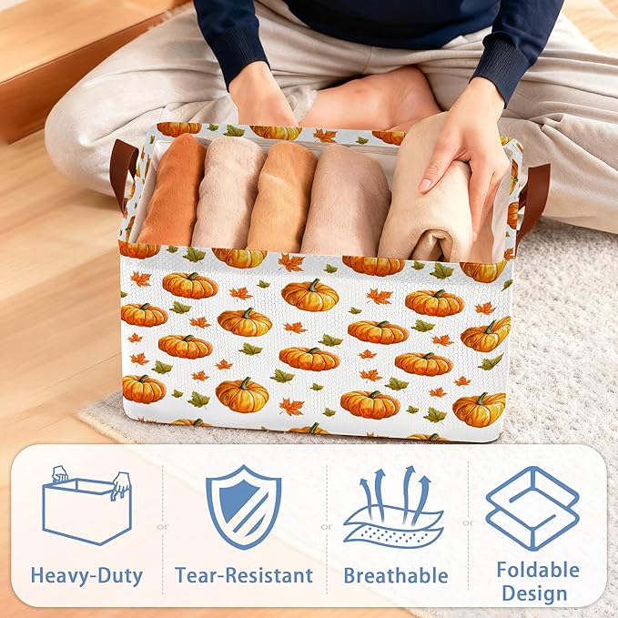 Pumpkin Maple Leaf Storage Basket with Handles,Thanksgiving Collapsible Rectangle Organizer Bin for Room Decoration Books Box Baskets 17x11.5x10Inch