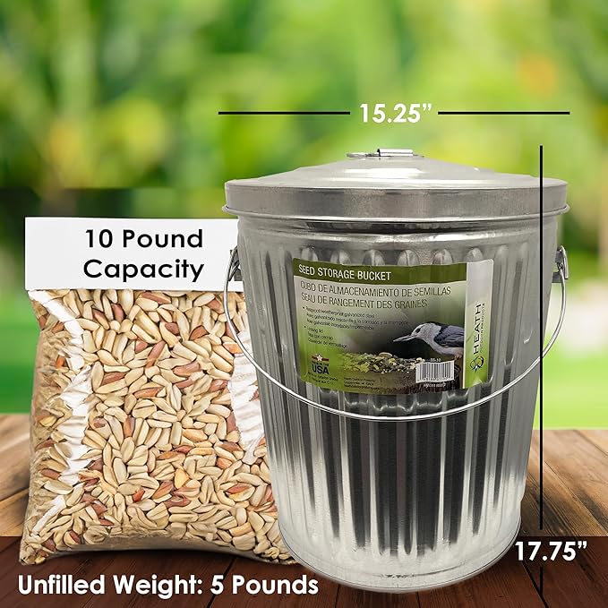 Heath Outdoor Products SS-10 10 Pound Galvanized Metal Multi-Purpose Bird Seed, Suet, Feed Container and Dog Poop, 1-Pack, Galvanized Steel