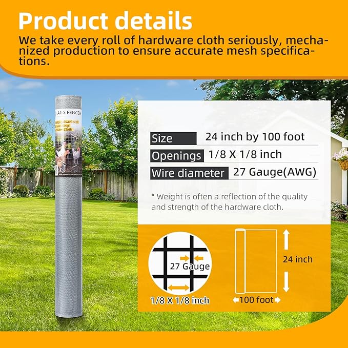24in x 100ft Hardware Cloth 1/8 inch 27Ga Hot Dipped Galvanized After Welding, Chicken Coop Wire Fence, Welded Metal Fencing Roll Mesh for Bee Screen Garden Plant Poultry Animal Netting Cage