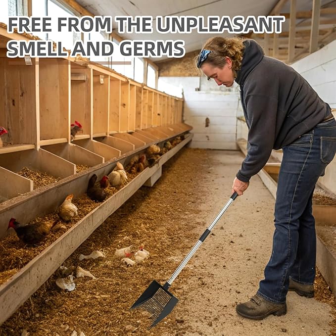 PUPTECK Metal Chicken Coop Scooper, 4-in-1 Adjustable Removable Handle, Stainless Steel, Chicken Cleaning Tool, 22-52.3 Inch