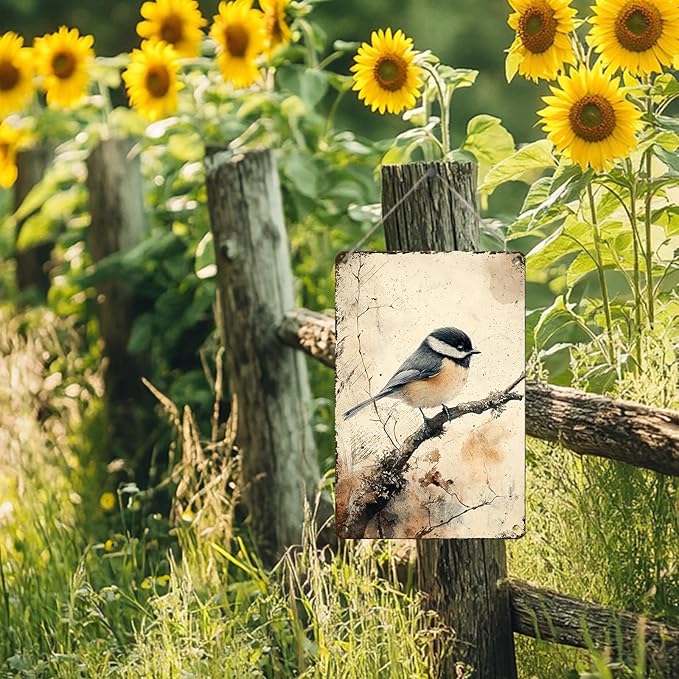 PEACHGARDEN Chickadee Bird Wall Decor Chickadee Wildlife Vintage Metal Sign Wall Art Decor for Home Living Room Kitchen Garden Bedroom Office Hotel Cafe And Pub Decoration 8x12inch